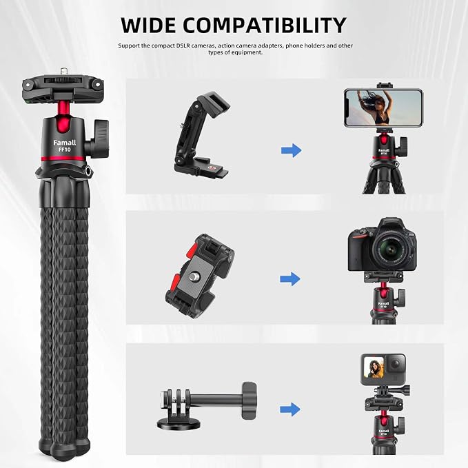 Mini Flexible Tripod with Remote for Phone & Camera | Flexible Octopus Legs, Bluetooth Remote, 1/4" Screw & Cold Shoe, Hidden Phone Holder, GoPro Adapter for Action Cam - Image 2