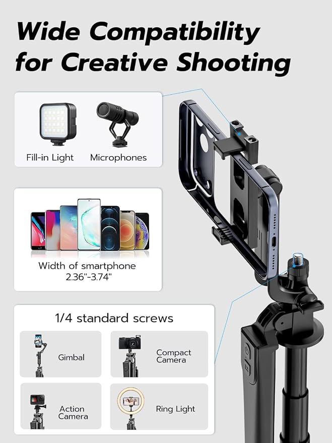 70" Extendable Phone Tripod Selfie Stick w/Light&Remote UT-02 | For iPhone & Android,360° Rotation,Selfie Stick W/ Remote Control,Fill Light,Video Recording,Photography,TikTok & Vlogging - Image 5