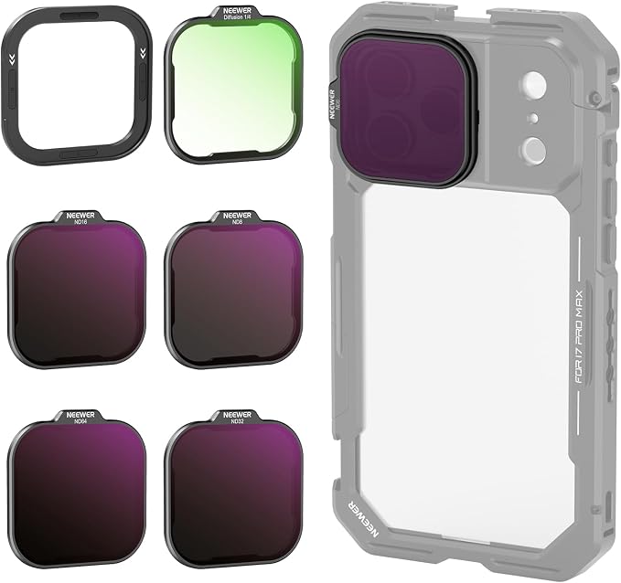 NEEWER ND Filter Set for PA143/PA144 Phone Cage Only, ND8/16/32/64 + Black Diffusion 1/4 Filter for Mist Cinematic Effect + Magnetic Backplate, Compatible with iPhone 17 Pro/17 Pro Max, Black by Neewer