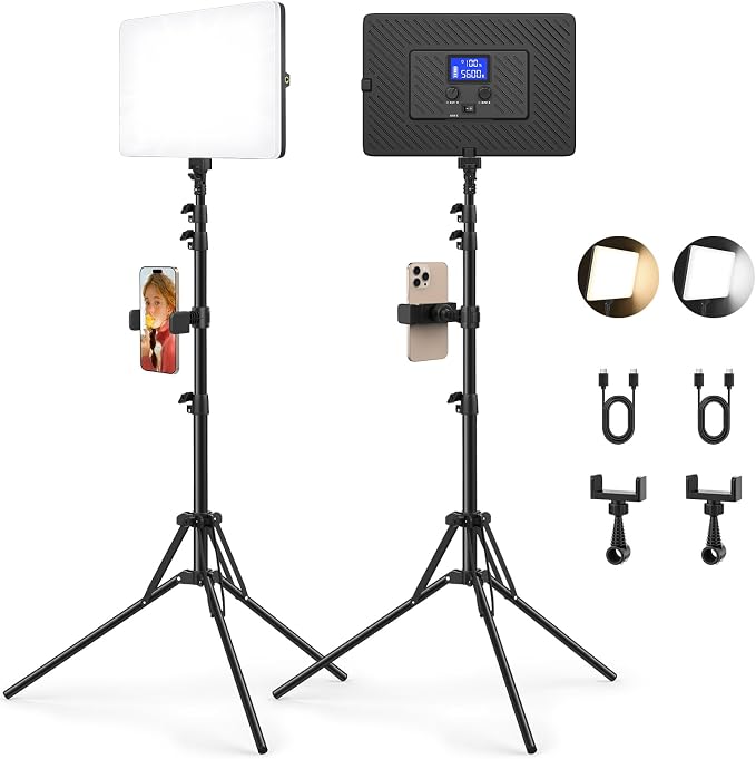 2 Pack Led Video Photography Light Kit with Stand, Built-in 8000mAh | Built-in 8000mAh & LCD Display, 2200Lux, 2500K-8500K, Soft Studio Light, Video Recording Game Live Streaming YouTube TikTok by Kmasic