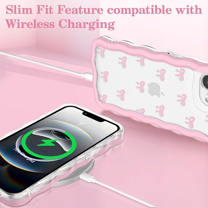 QLTYPRI for iPhone 17e/16e Pink Bow Case, Clear Cute Pink Ribbon Bow Phone Case Curly Wavy Aesthetic Phone Cover, Soft Slim Transparent TPU Shockproof Protective Cover for Women Girls - Tiny Bow - Image 5