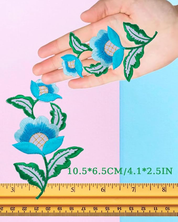 5 Pairs Floral Iron on Applique Flower with Green Vine Embroidered Patch for Collar Dress Accent Shoes Jeans Sewing Accessories Embellishment (Blue) - Image 2