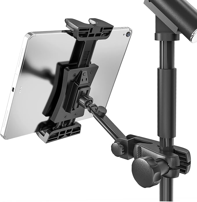 Tablet Holder for Microphone Stand, iPad Mount for Sheet Music Stand | 360° Swivel Tablet Phone Stand for Mic Stand/ Mic Tripod, for Musicians, Stage Use, Clip-on Mount Fits 4.7-12.9" Devices by Jubor