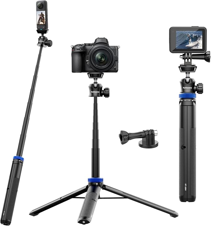 Kaitezenz Selfie Stick Tripod for Gopro Camera, 62" Extendable Tripod Stand with 360° Ball Head 1/4" Screw, Portable Lightweight Camera Tripod for Max Hero 13 12 11 10 DJI OSMO Pocket3 Action Camera - Image 9