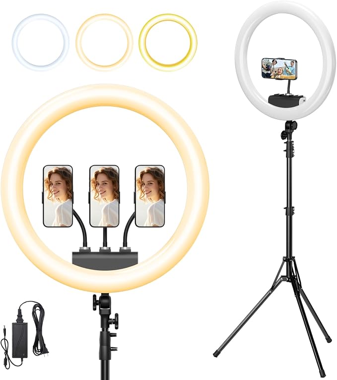 19" LED Ring Light with Stand, 78.7" Tripod, 3 Phone Holders | 45W Selfie Light, 2700K-6300K Adjustable Color, CRI 96+, Dimmable Brightness for Live Streaming, TikTok, YouTube, Makeup by GSYXERGILES