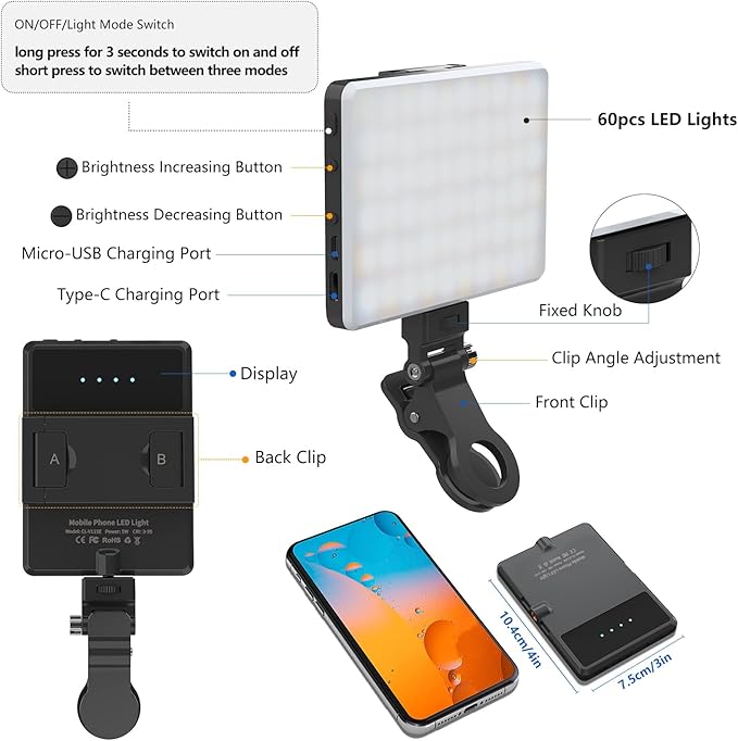 Selfie Light, Phone Light with Front & Back Clip, 60 LED Portable Light with 3 Modes, 5000mAh Rechargeable Video Light for Phone, iPhone, TikTok, Vlog Photographic Lighting Monolights(2 Pack) - Image 6