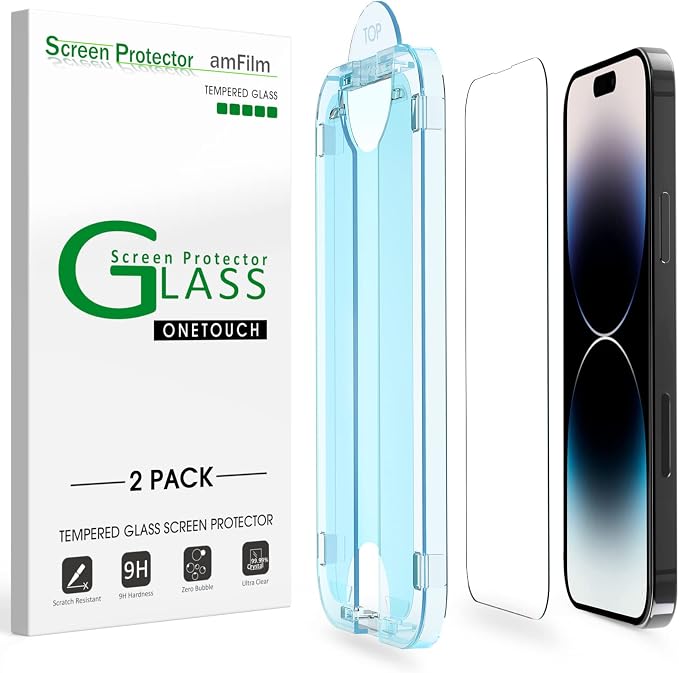 amFilm OneTouch for iPhone 14 Pro Max Screen Protector 6.7'' Tempered Glass | Auto-Alignment, 30s Install, Bubble Free, 9H Hardness, Scratch & Drop Protection, HD Clear, Case Friendly, 2 Pack (14P-6.7'') by amFilm