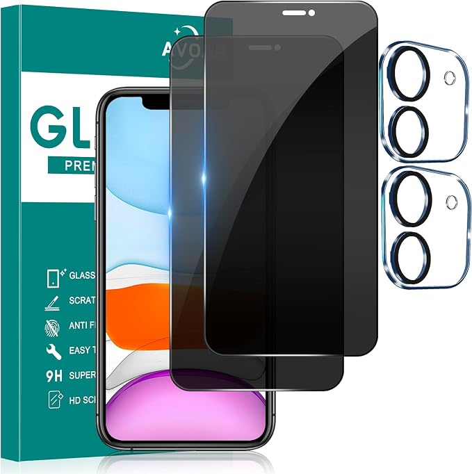 2+2 Pack Privacy Screen Protector for iPhone 11, 6.1 Inch | Camera Lens Protector, Tempered Full Screen Glass, Anti-Spy, Bubble Free, Case Friendly by AVOAR