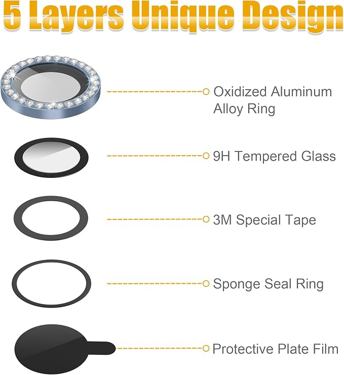 AGVEE 3+3 6 Pack for iPhone 13 Pro & Max Camera Lens Protector Cover | Individual Bling Diamond & Bling Glitter Sparkle Cute Gem Metal Ring, 9H Tempered HD Glass - Image 7