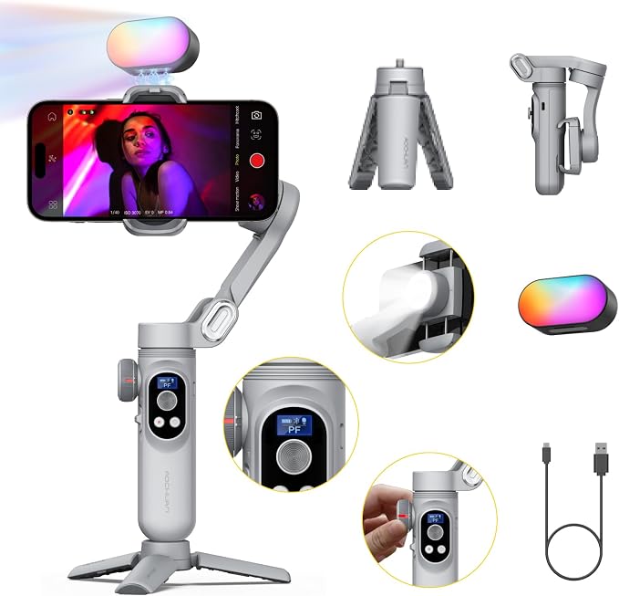 AOCHUAN iPhone Gimbal, 3-Axis Gimbal Stabilizer for Smartphone w/RGB Magnetic Fill Light Portable with Fous/Zoom Wheel for Vlog, Compatible with iPhone 15 Pro Max/Android-Smart X Pro Kit Gray by AOCHUAN