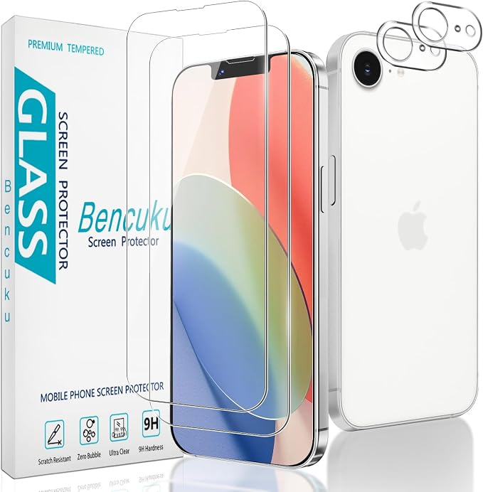 2+2 Pack Screen Protector for iPhone 17e/iPhone 16e Tempered Glass | with Camera Lens Protector, 9H Hardness, Anti Scratch, Bubble Free by Bencuku