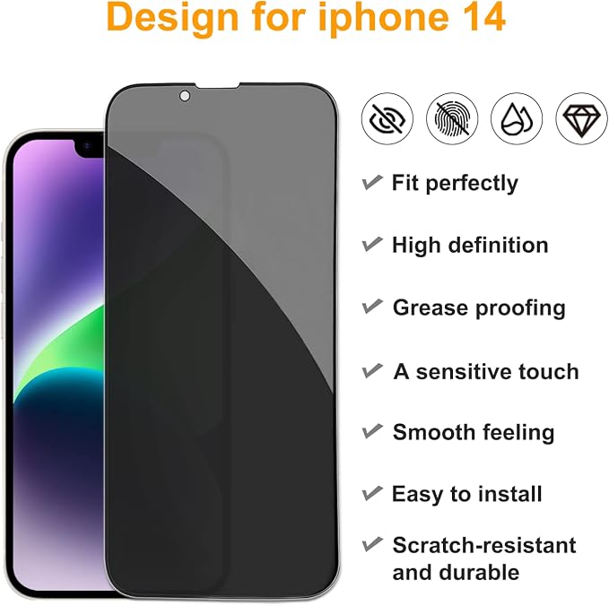 PEHAEL for iPhone 14 Privacy Screen Protector+Camera Lens Protector | Installation kits, Anti-Spy Private, Anti-Scratch, 9H Tempered Glass, Case Friendly, 2+2 Pack, [6.1 inch] - Image 2