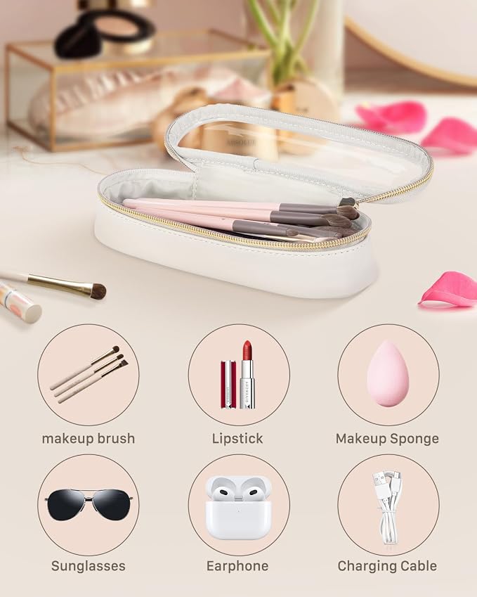 Soimeat Clear Travel Makeup Brush Holder, Leather Makeup Brush Toiletry Bag, Portable Cosmetic Brush Case, Transparent Waterproof Makeup Brush Storage Bag, White - Image 2