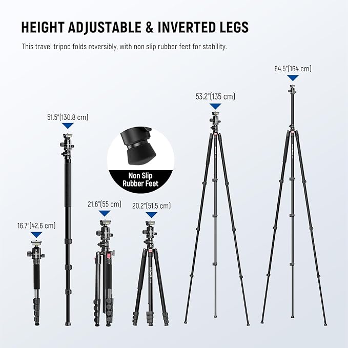 NEEWER Basics 64.5" Horizontal Overhead Tripod Monopod for Dual Camera Aluminum Travel DSLR Camcorder Stand with Cell Phone Holder Compatible with iPhone for Video Recording, 22lb/10kg Load, TP66 - Image 3