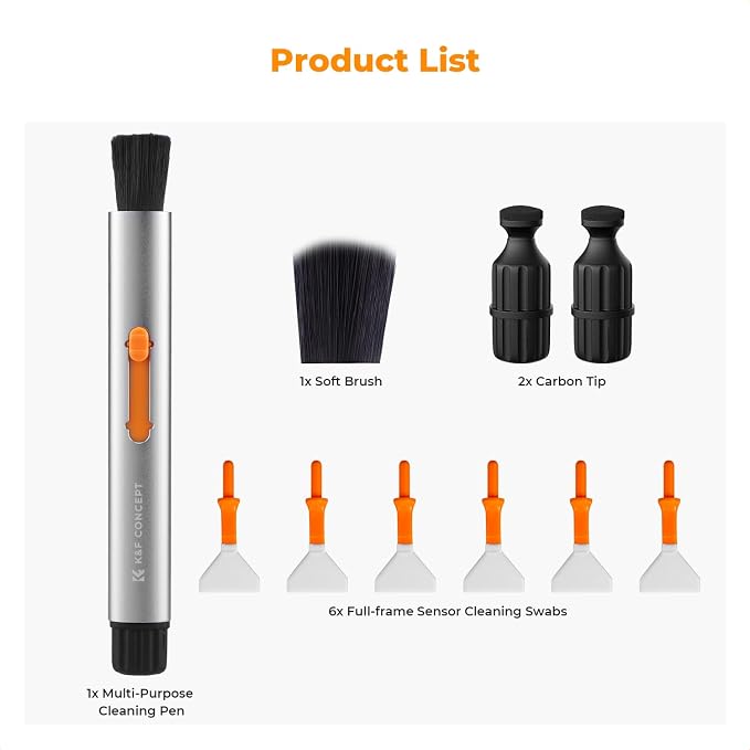K&F CONCEPT Versatile Switch Lens Cleaning Pen for Camera Screen VR Glasses | 24mm Full-Frame Swab X6,Suede Carbon Head X2,Soft Brush,Aluminum Alloy Pen Body,Individually Packed,Portable and Hygienic - Image 9