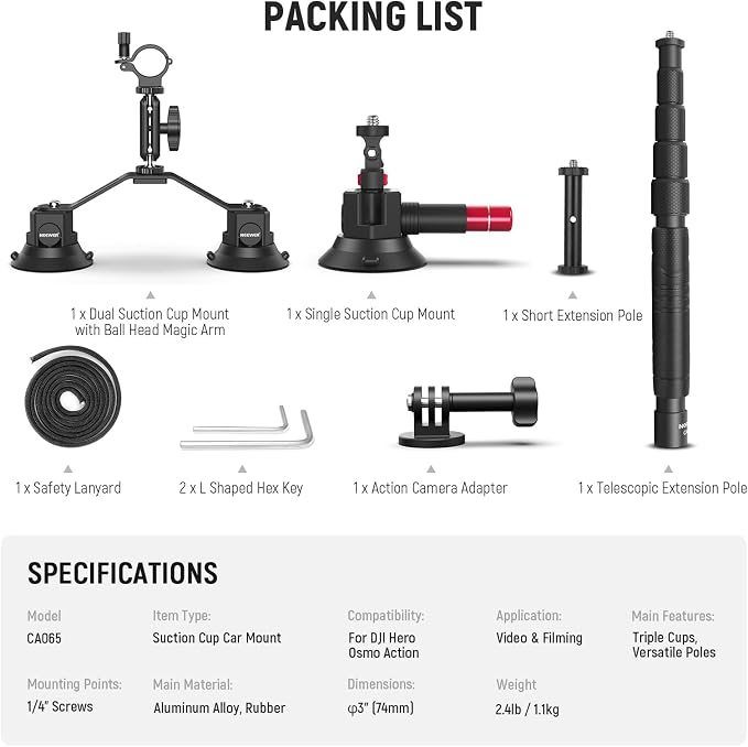 NEEWER Triple Suction Cup Car Mount Compatible with Insta360 X5 X4 GoPro DJI OSMO 360 Cameras, Quick Release Outside Windshield Magic Arm Mount Kit with 2 in 1 Extension Pole/Selfie Stick, CA065 - Image 8