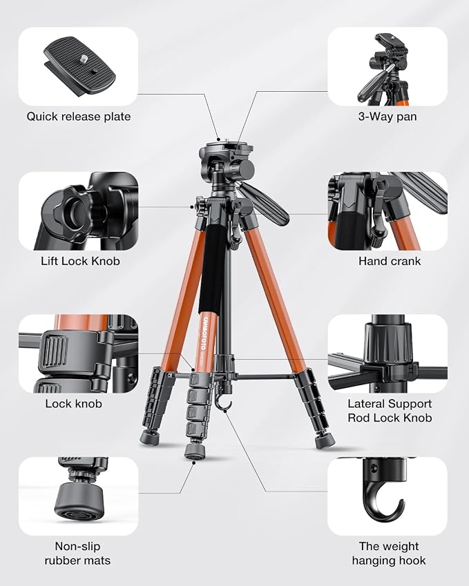 CAMBOFOTO 74″ Camera Tripod, 360° Aluminum Lightweight Tripod/Orange | Heavy‐Duty Professional Tripod Stand for DSLR & Mirrorless Cameras/Smartphones/GoPro, with 360° Pan Head/Phone Mount - Image 6