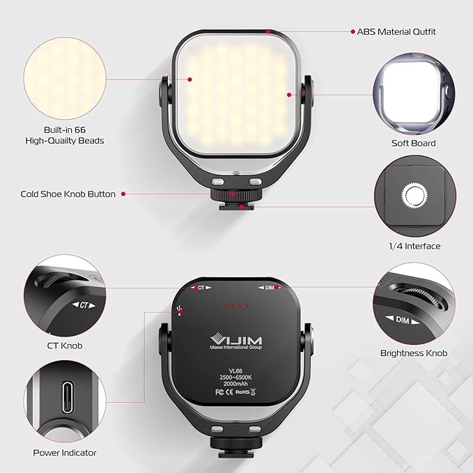 ULANZI VL66 Bi-Color Adjustable Rechargeable 2500-6500K - Mini Video Portable Light on Cam, 2000mAh CRI95+ Dimmable, Ultra Bright Photo & Video Lighting, LED Fill Lamp for DSLR Camcorder Action Camera - Image 4