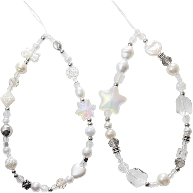 Beaded Camera Wrist Strap,Cute Phone Charm Decor,Pearl Bracelet Wrist Strap | Phone Keychain Decoration for Wallet,Durable Nylon Rope Lanyard,Compatible with all Phone Case,Silver Star by CMVFYL