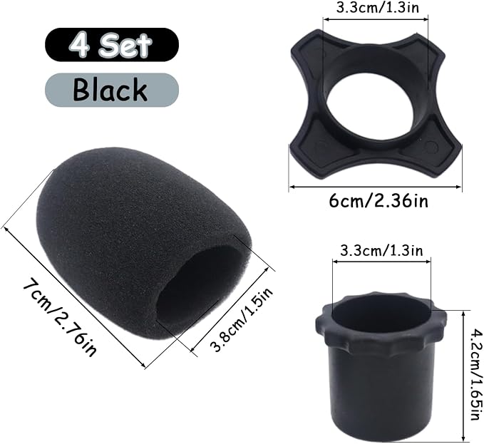 4-Set Black Handheld Mic Protection Kit Silicone Ring Windscreen | anti-roll drop guard, ktv karaoke stage , wireless dynamic mic fit, foam windpop filter cover, bottom rod sleeve included - Image 2