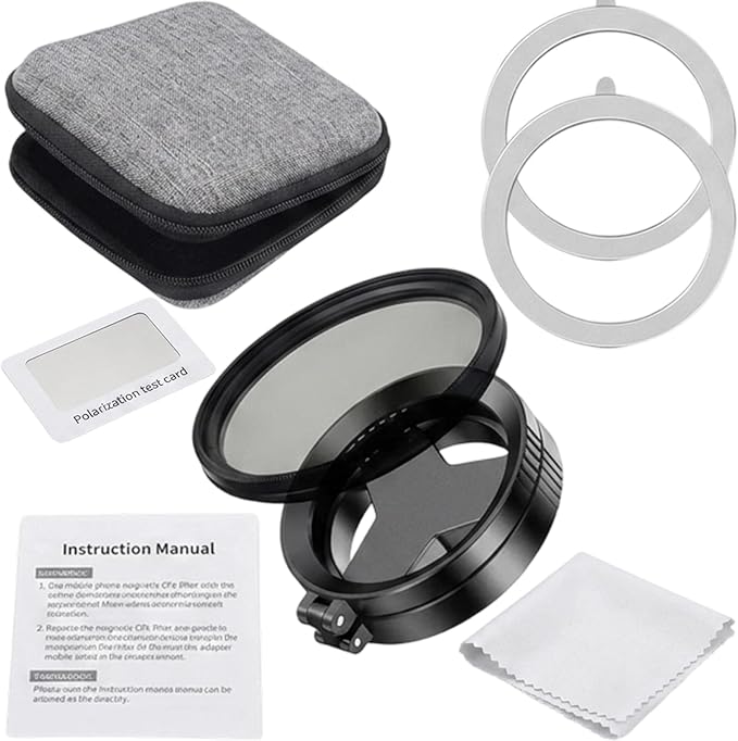 Anti-Glare Magnetic Phone Filter, 52mm Polarizing Lens for Smartphone Photography, Reduces Reflections Enhances Colors, Complete Kit with Test Card Cleaning Cloth Magnetic Rings and Storage Bag by Unknown