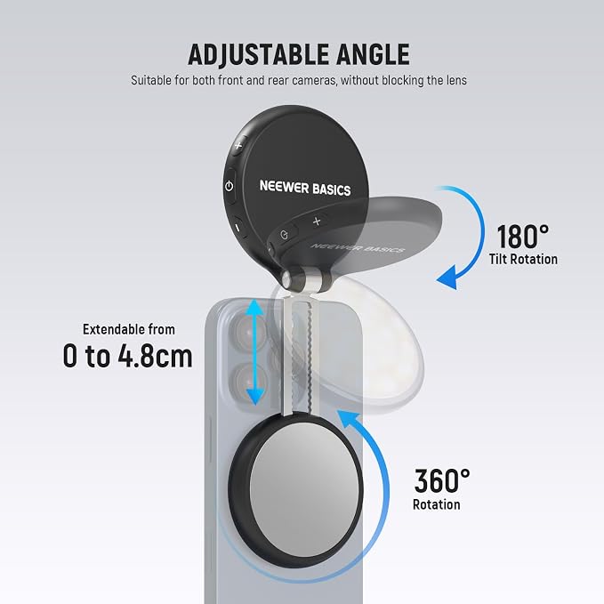 NEEWER Basics Magnetic LED Selfie Light Compatible with MagSafe iPhone, Desk Stand Phone Holder with Makeup Mirror 1160lx/0.2m 900mAh CRI95 Fill Lighting for Video Recording Streaming, Black NL48R - Image 5