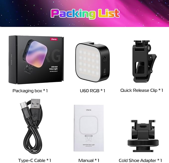 ULANZI U60 RGB Video Lights Black LED Camera Light 360° Full Color Portable Photography Lighting w Quick Release Cold Shoe Adapter and Clip, 2500mAh Rechargeable CRI 95+ 2500-9000K Dimmable Panel Lamp - Image 8