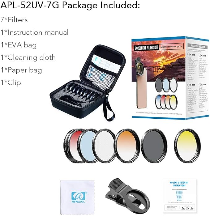 Apexel 52mm Filter Lens Kit (Graduated Filter Lens-Red Orange Yellow Blue, CPL, ND32, Star Lens-6 Point) for Smartphone Camera Canon Nikon Sony Olympus - Image 7