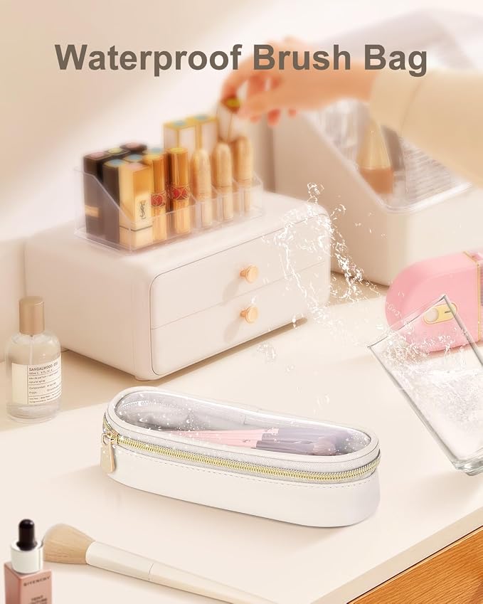 Soimeat Clear Travel Makeup Brush Holder, Leather Makeup Brush Toiletry Bag, Portable Cosmetic Brush Case, Transparent Waterproof Makeup Brush Storage Bag, White - Image 7