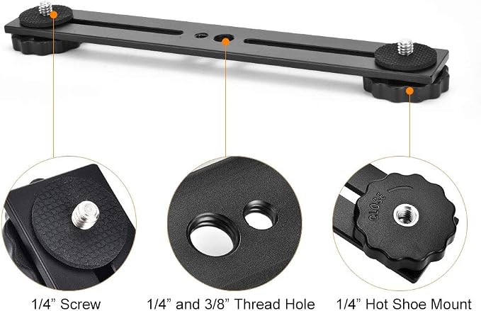 UTEBIT 8 inch Flash Bracket, with 1/4" Screw Hot Shoe Mount, Black | 2 Pack Dual Camera Mount Extension Bar, Straight Flash Bracket Tripod Mount for DSLR Camera LED Light Studio Video Microphone - Image 2