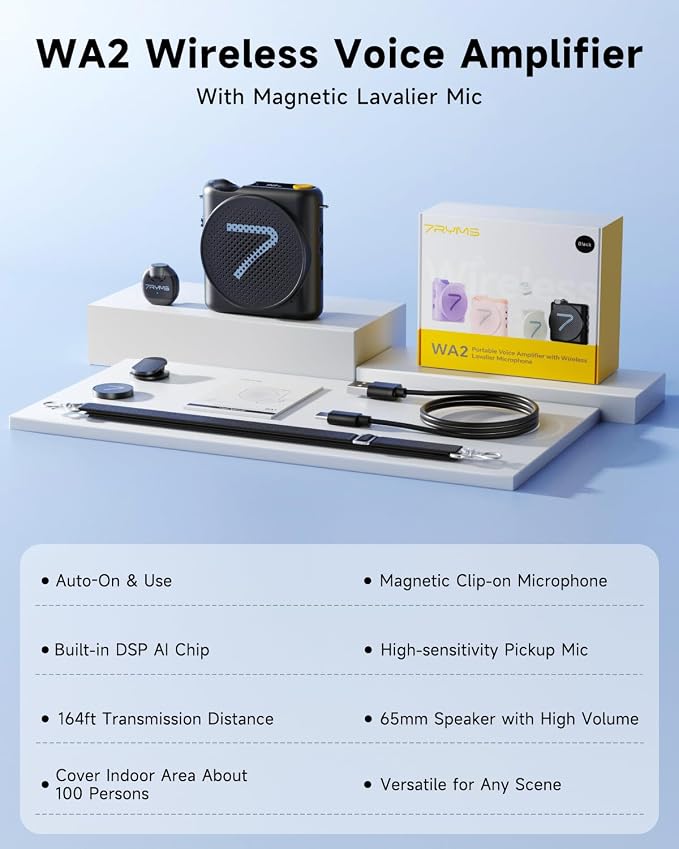7RYMS WA2 Wireless Voice Amplifier Teacher with Magnetic Lavalier Mic | Noise Cancellation, Magnetic Charging Case, 23H Working, 164ft Range, for Teaching, Speech,Training Outdoor,Tour Guide, Yoga - Image 9