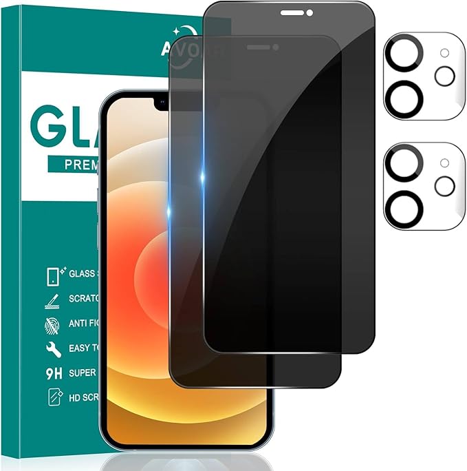 2+2 Pack Privacy Screen Protector for iPhone 12, 6.1 Inch | Camera Lens Protector, Tempered Full Screen Glass, Anti-Spy, Bubble Free, Case Friendly by AVOAR