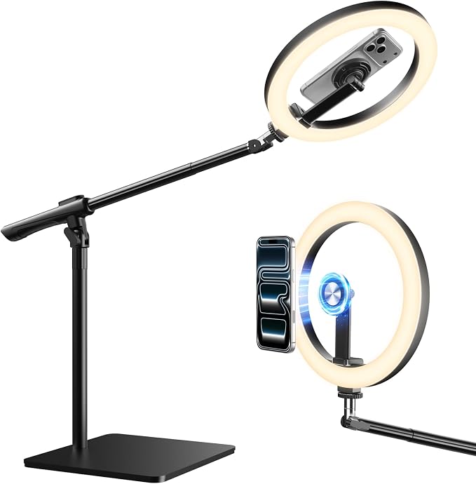 LUXSURE Ring Light with Magnetic Phone Holder, Overhead Phone Mount with 10" Selfie Light Phone Tripod with Ring Light and Remote, Phone Stand with Light for Video Recording by LUXSURE