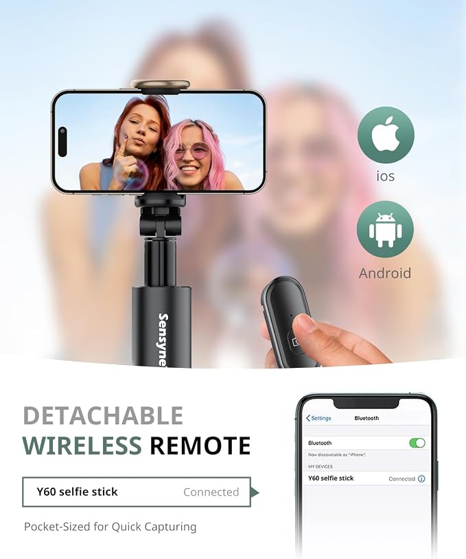 Sensyne 60" Phone Tripod - Selfie Stick, Lightweight All in One Phone Tripod Integrated with Wireless Remote Compatible with All Cell Phones for Selfie/Video Recording/Photo/Live Stream/Vlog（Black） - Image 3
