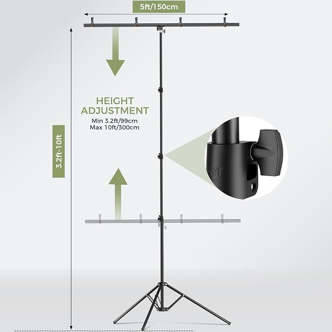 Emart 5x10ft Green Screen Backdrop Kit with T-Shape Stand and 4 Clamps | Reverse folding base for easy storage & transport，perfect for Photography, Photoshoot, Studio Video Recording, Streaming - Image 2