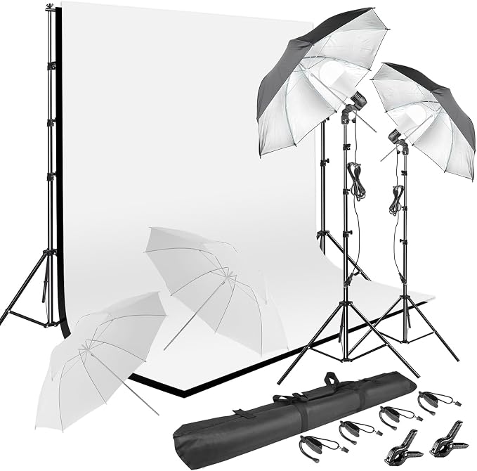 Photography Umbrella Lighting Kit with 85w Led Bulb,Muslin Backdrop (White Black), Backdrop, Clips Clamp,8.5 * 10ft Photo Background Photography Stand System for Photo Video Studio Shooting by HYJ-INC