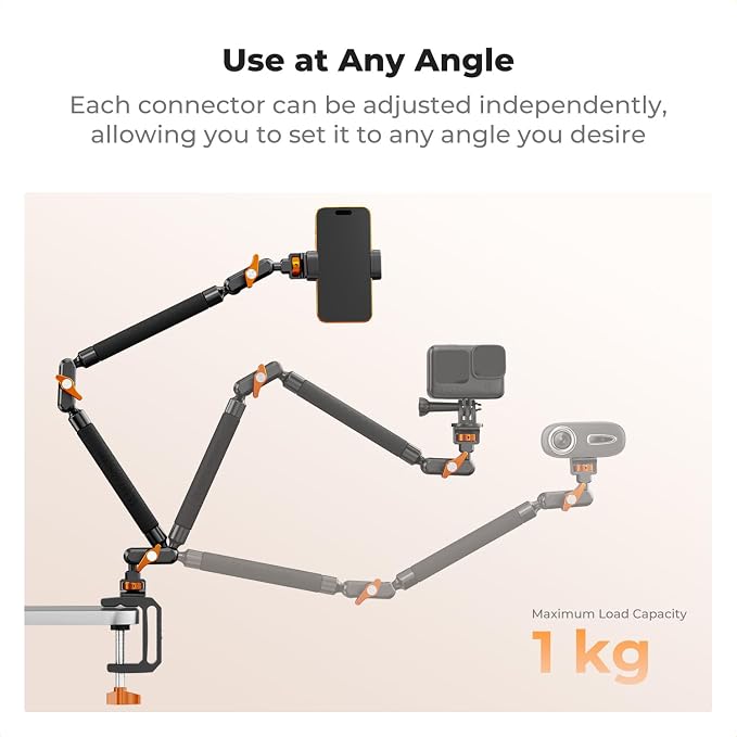 K&F CONCEPT 22" Magic Arm with Desk C-Clamp, Overhead Desk Camera Mount | Long Articulating Friction Boom Arm for Phone, Action Camera, LED Light, Microphone, MS39 - Image 5