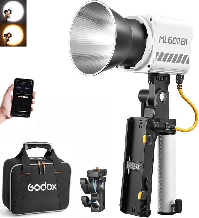 Godox ML60IIBi with Handheld Bracket, 70W Bi-Color LED Video Light, Handheld LED Light with Quiet Cooling Fan, Portable COB Continuous Output Lighting, 11 FX Effects 0-100% Brightness by GODOX