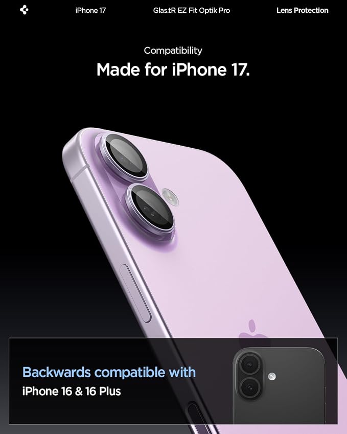Spigen Camera Lens Protector for iPhone 17 (16 Plus/16) - Lavender | GlasTR EZ Fit Optik Pro, 9H+ Tempered glass, Scratch resistant, Auto-align tray, Case-friendly, Original Photo Quality, 2Pack - Image 2