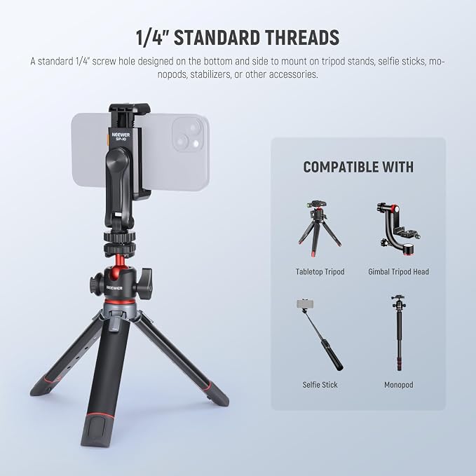 Neewer Basic Phone Tripod Mount Holder with 1/4" Thread & Cold Shoe, 2.36"-3.54"/6-9cm 360° Rotatable Camera Mount Cellphone Clamp for iPhone 16 15 14 13 12 11 Pro Max X XR Samsung S24 Ultra, SP-10 - Image 3