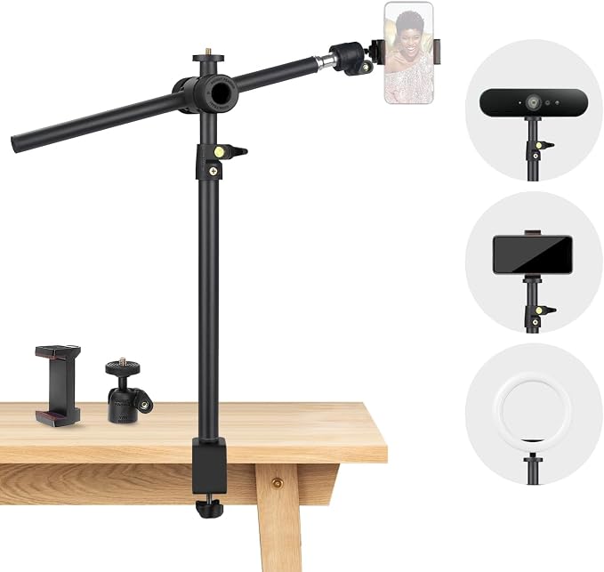 Overhead Camera Mount Desk Stand, Camera Arm Desk Mount Clamp Stand with 360°Adjustable Magic Arm, Webcam Arm Mount Stand w Ballhead Phone Mount for Desk Logitech Microphone Video Light Cell Phone by JEBUTU