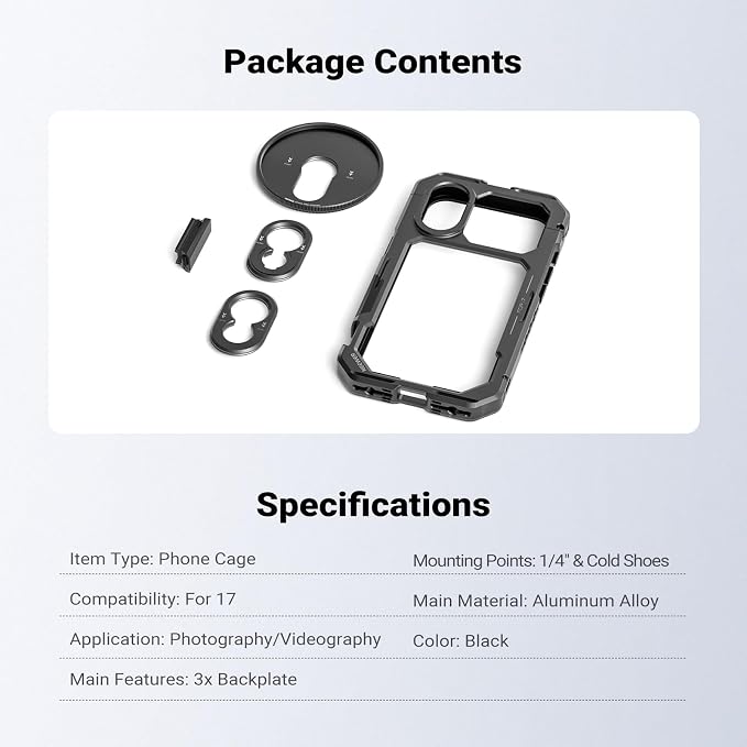 NEEWER Phone Cage Compatible with iPhone 17 Only, Quick Release Video Rig Stabilizer Accessories Kit with 67mm Filter Ring, 17mm Lens Backplate, T Mount Adapter, Camera Control Cap, PA158 (Black) - Image 8