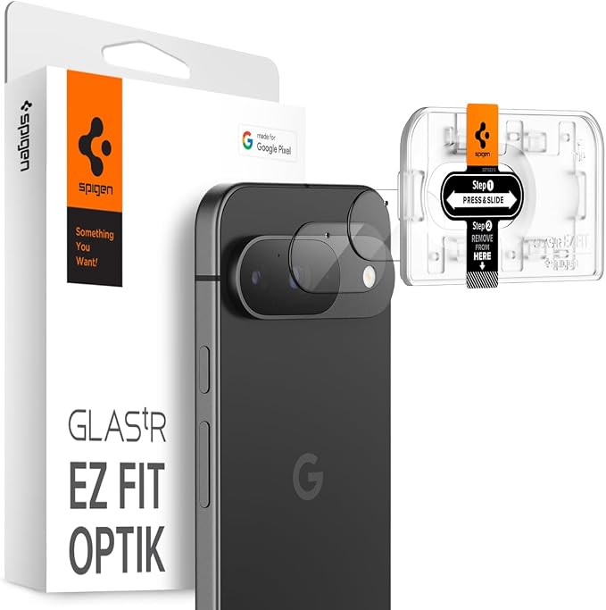 Spigen Glas.tR EZ FIT Optik Camera Lens Protector for Pixel 9 | GlasTR EZ Fit Optik, 9H+ Tempered glass, Scratch resistant, Original photo quality, Auto-align tray, Case-friendly, 2Pack by Unknown