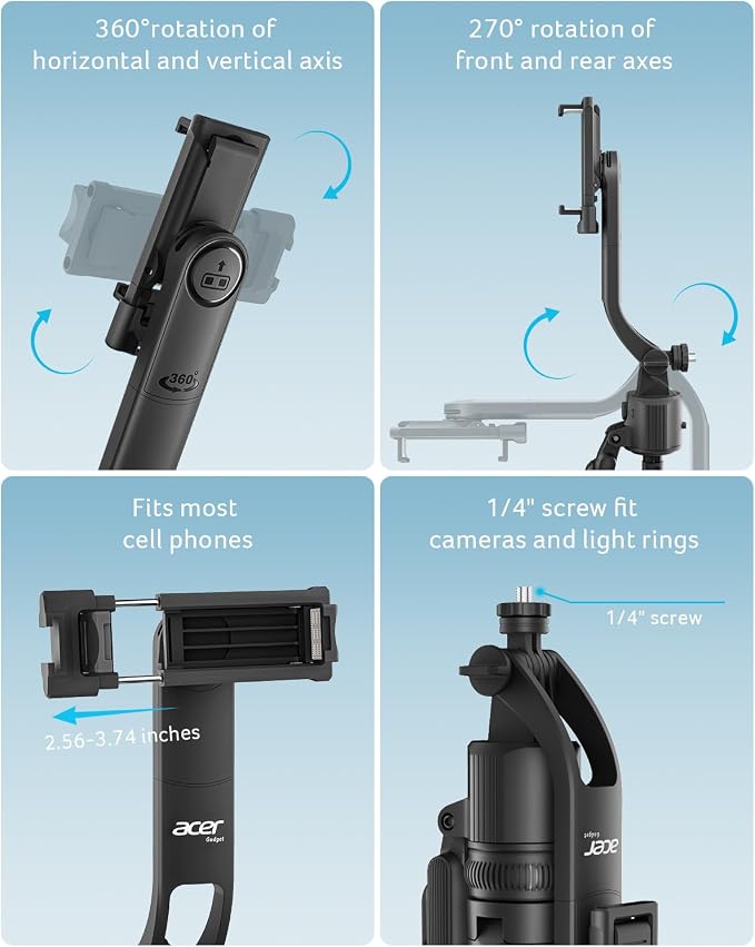 Acer Gadget Auto Face Tracking Tripod for iPhone/Cell Phone/Android/Camera with Light and Remote, 64", No App, 360°Rotating Tripod Selfie Stick for Tiktok YouTube Vlog Live Streaming Video Recording - Image 8