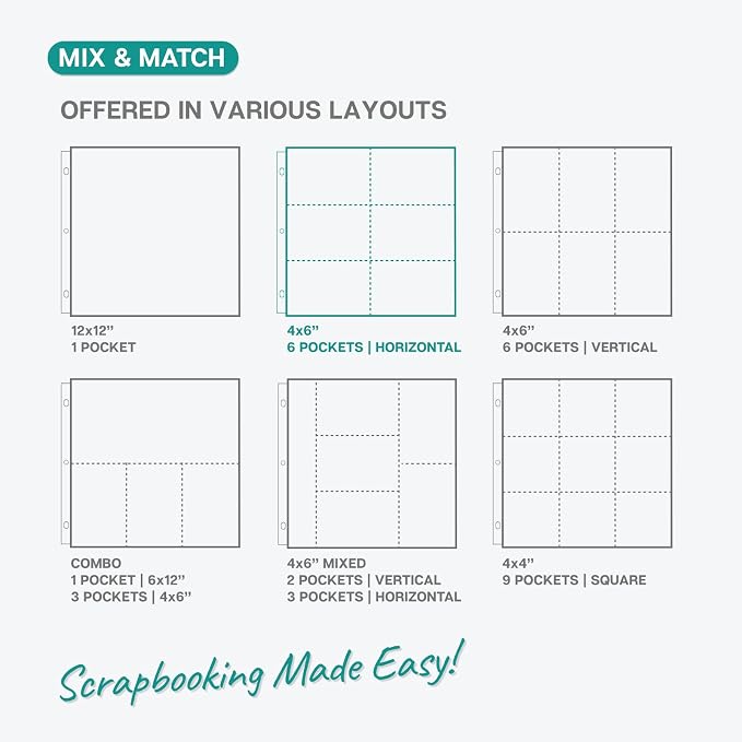 Dunwell 12x12 Scrapbook Page Protectors, 4x6 Photo Sleeves & Photo Album Refill Pages, 50-Pack Horizontal Layout, Holds 600 Pictures, Fits 12x12 3-Ring & D-Ring Albums, Compatible with Pioneer & WRMK - Image 8