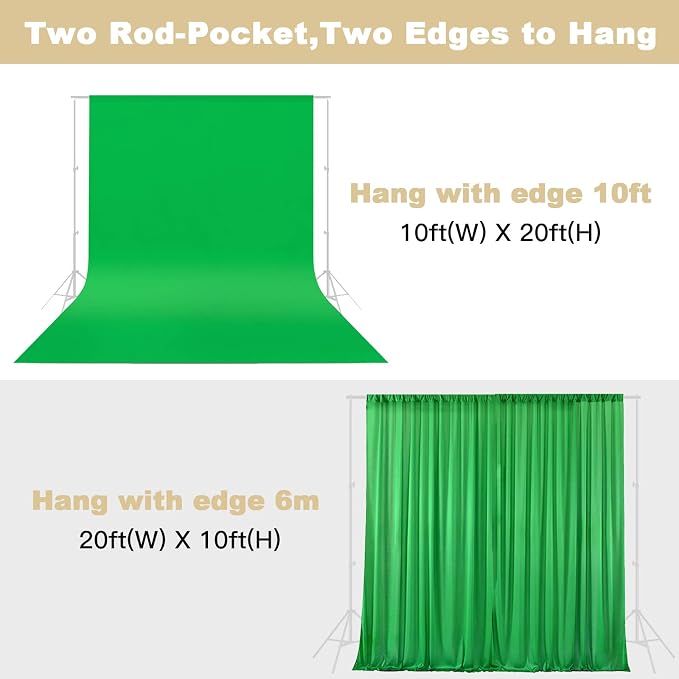10X20ft Large Green Screen Backdrop for Photography, LCUIRC Two Rod Pocket Chromakey Collapsible Green Polyester Curtain with 4 Clamps for Photography, Zoom Meeting and Game Live Steaming - Image 3
