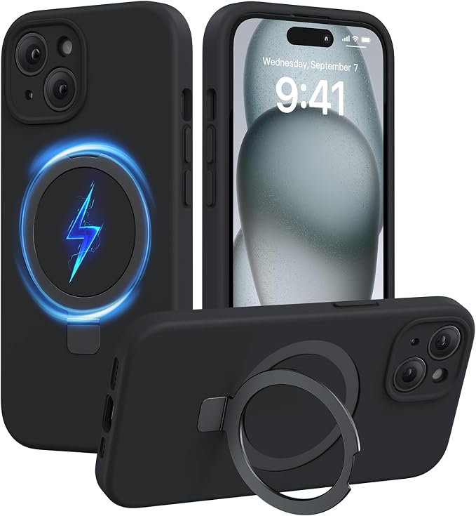 Miracase Silicone & Magnetic for iPhone 15 Case with Stand, Midnight Black | Compatible with MagSafe, Soft Microfiber Lining, Premium Silicone Cover Shockproof Drop Protection Phone Case for 15 by Miracase