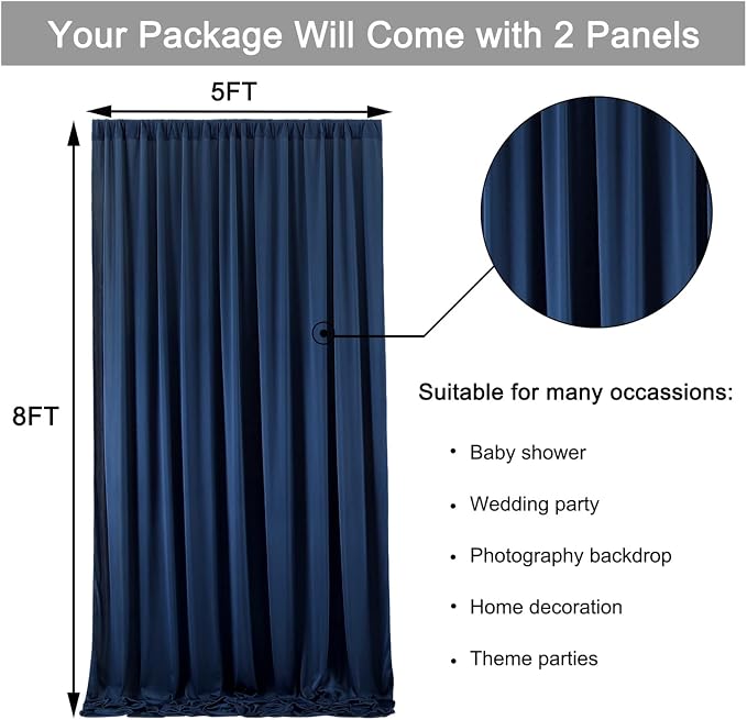 10 ft x 8 ft Wrinkle Free Navy Blue Backdrop Curtain for Parties,Polyester Photo Backdrop Drapes, Thick Background 2 Panels 5ft x 8ft for Baby Shower Wedding Birthday Party Backdrop Stand - Image 5