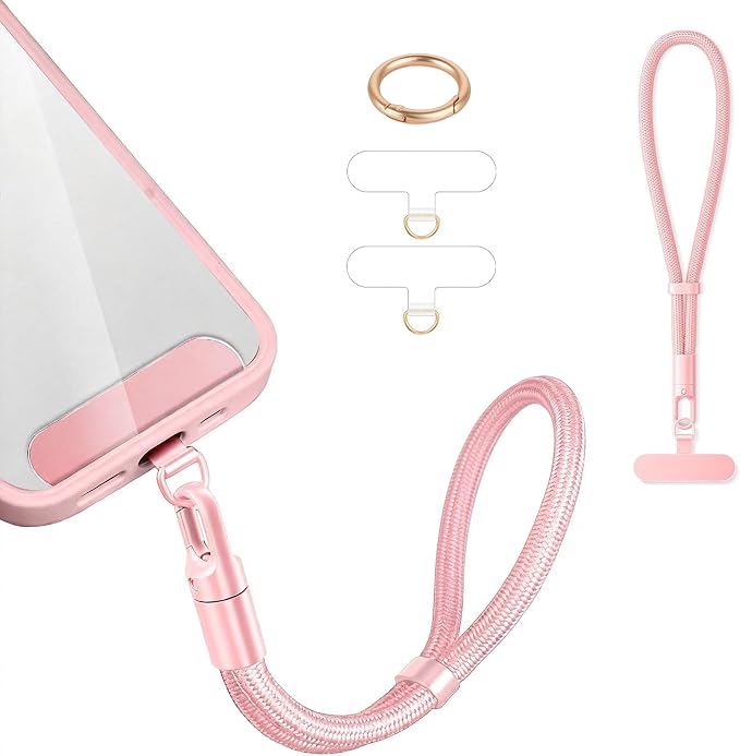 Phone Lanyard Hand Wrist Strap Universal Adjustable Phone Finger Grip Wristlet with 3 Patches Tether Universal for iPhone 17 16 Pro Max 15 Charms for Keychain USB Flash Drive Wallet ID Name Tag Pink by Casecond