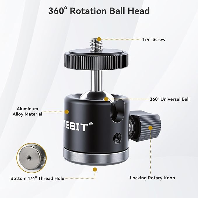 UTEBIT 40mm C-Clamp Camera Mount with Mini Ball Head, Black | 1/4 Thread Hole Metal Clamp with 360° Swivel Ballhead Camera Mount 1/4 Hot Shoe Adapter for Camera Desk Bicycle Woodworking - Image 4